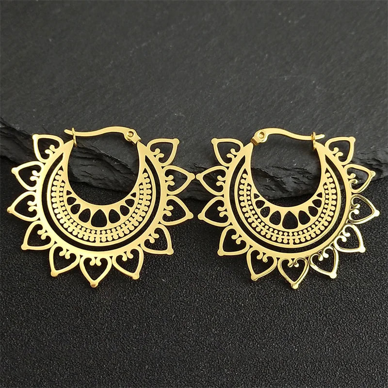 India Gypsy Tribal Ethnic Mandala Stainless Steel Earrings Women Gold Color Lotus Flower Hoop Earrings Jewelry aretes E9354S01