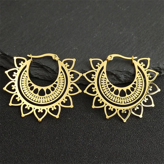 India Gypsy Tribal Ethnic Mandala Stainless Steel Earrings Women Gold Color Lotus Flower Hoop Earrings Jewelry aretes E9354S01
