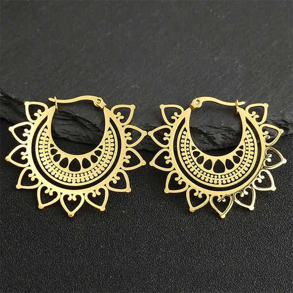 India Gypsy Tribal Ethnic Mandala Stainless Steel Earrings Women Gold Color Lotus Flower Hoop Earrings Jewelry aretes E9354S01