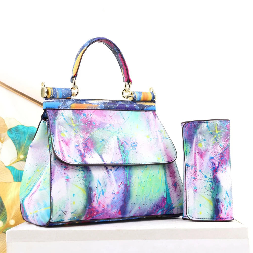 Women Bags Leather vintage painting Art Purse Handbags Girl Shoulder Bag Cross Body Messenger Bag Female Totes Braccialini Style