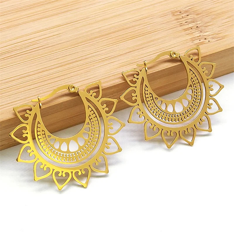 India Gypsy Tribal Ethnic Mandala Stainless Steel Earrings Women Gold Color Lotus Flower Hoop Earrings Jewelry aretes E9354S01
