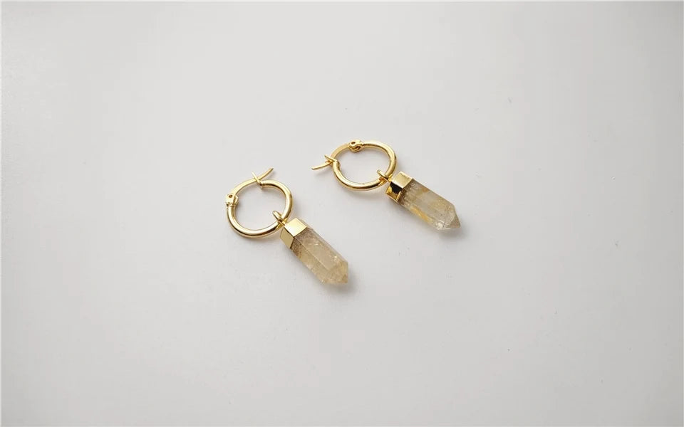 FUWO 1Pairs Natural Citrines Point Earrings,Golden Plated Handmade Faceted Yellow Crystal Jewelry For Women ER130