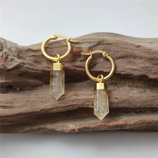 FUWO 1Pairs Natural Citrines Point Earrings,Golden Plated Handmade Faceted Yellow Crystal Jewelry For Women ER130