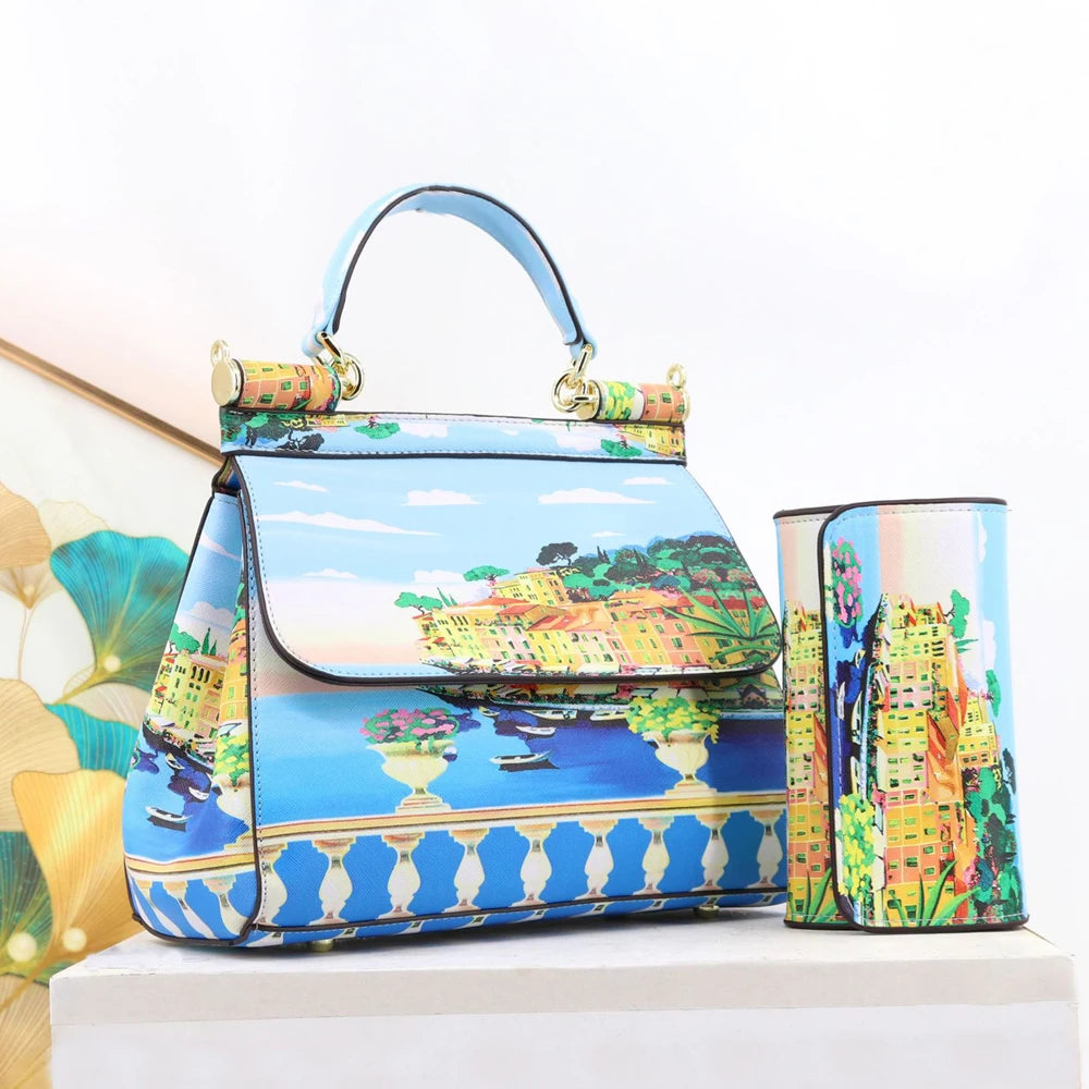 Women Bags Leather vintage painting Art Purse Handbags Girl Shoulder Bag Cross Body Messenger Bag Female Totes Braccialini Style
