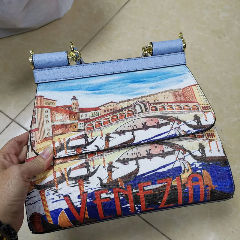 Women Bags Leather vintage painting Art Purse Handbags Girl Shoulder Bag Cross Body Messenger Bag Female Totes Braccialini Style