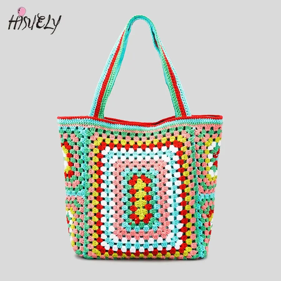 Bohemian Crochet Women Shoulder Beach Bags Knitting Large Capacity Tote Bag Casual Lady Handbags Big Shopper Purses Summer Beach Bags