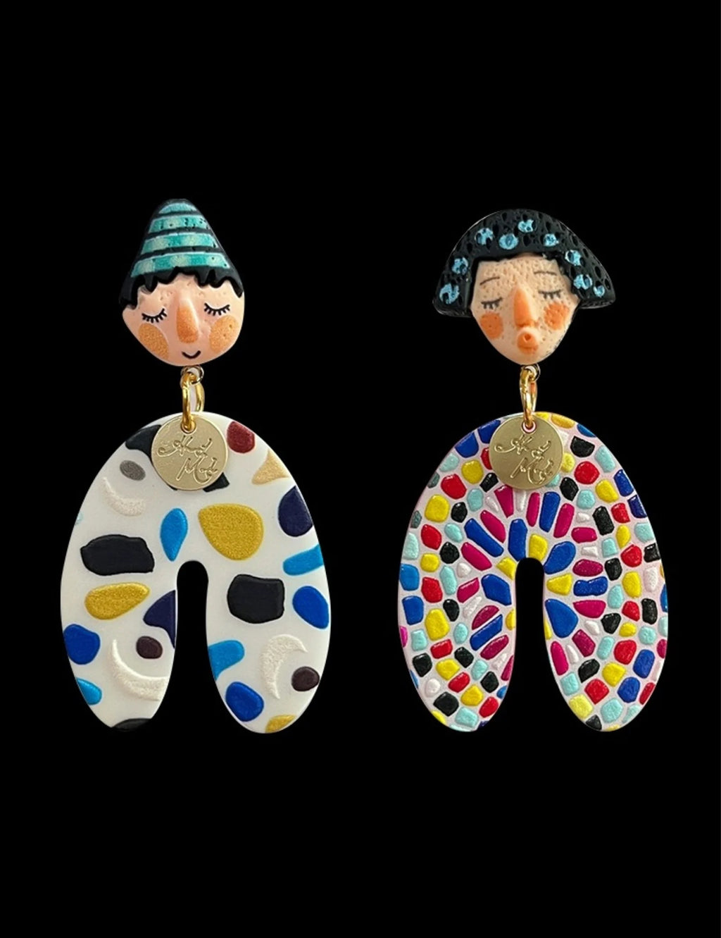A Pair of Fashionable and Personalized Ethnic Style Indian Dolls With Colorful Polka Dot Cartoon Portraits Asymmetrical Earrings