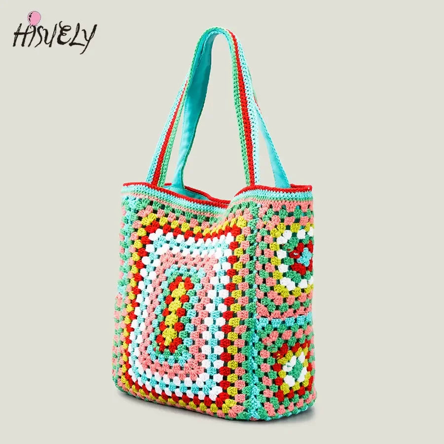 Bohemian Crochet Women Shoulder Beach Bags Knitting Large Capacity Tote Bag Casual Lady Handbags Big Shopper Purses Summer Beach Bags
