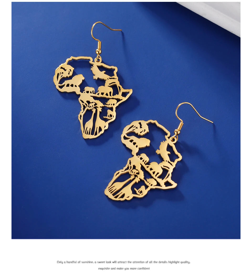 Giraffe Elephant Map Earrings Animal Africa Safari Stainless Steel Women Earrings Trendy Statement Jewelry Party Gift 2025