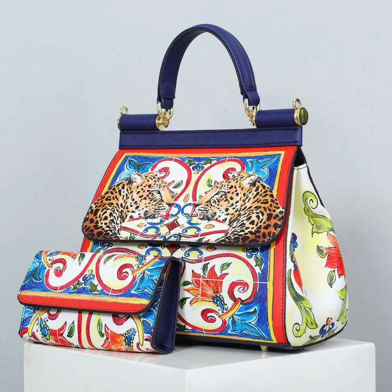 Women Bags Leather vintage painting Art Purse Handbags Girl Shoulder Bag Cross Body Messenger Bag Female Totes Braccialini Style