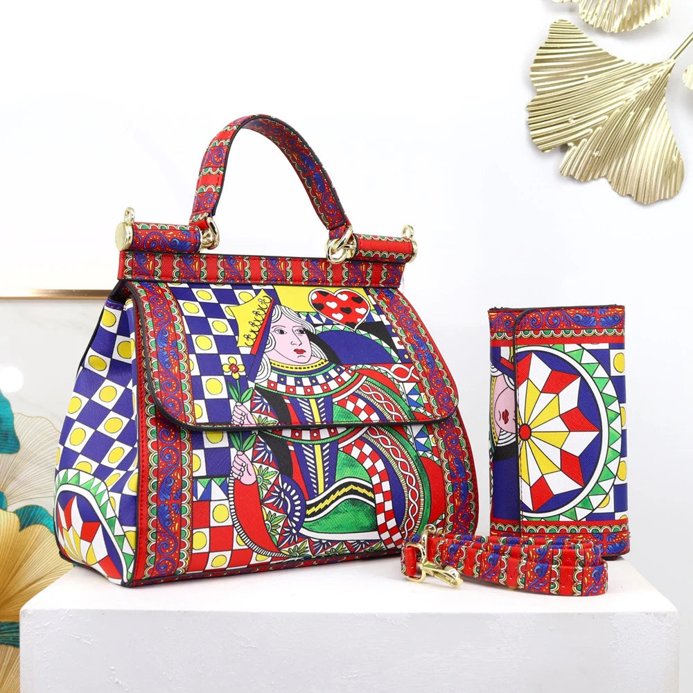 Women Bags Leather vintage painting Art Purse Handbags Girl Shoulder Bag Cross Body Messenger Bag Female Totes Braccialini Style