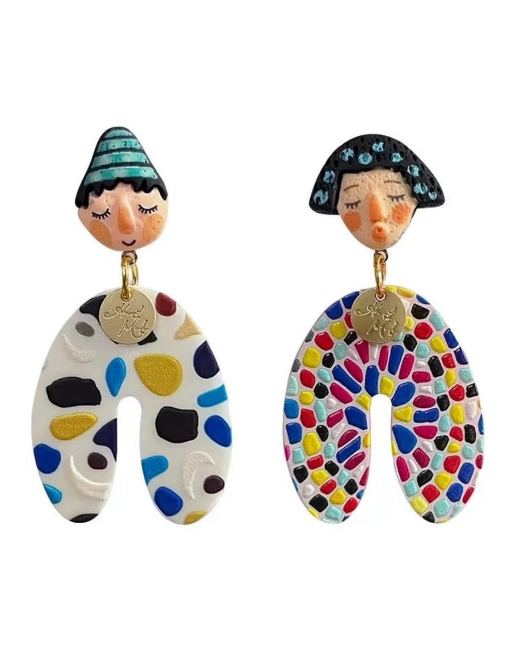 A Pair of Fashionable and Personalized Ethnic Style Indian Dolls With Colorful Polka Dot Cartoon Portraits Asymmetrical Earrings