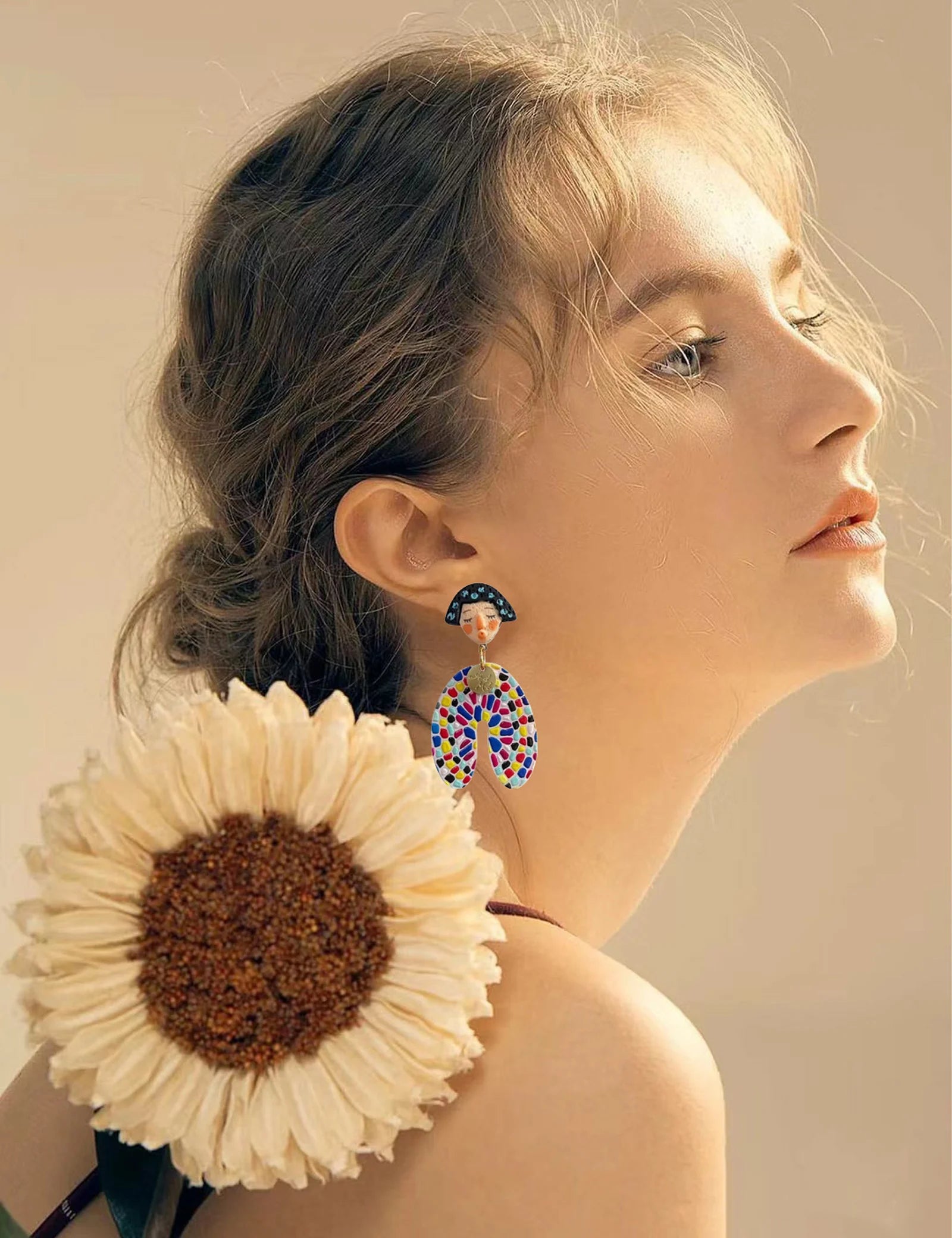 A Pair of Fashionable and Personalized Ethnic Style Indian Dolls With Colorful Polka Dot Cartoon Portraits Asymmetrical Earrings