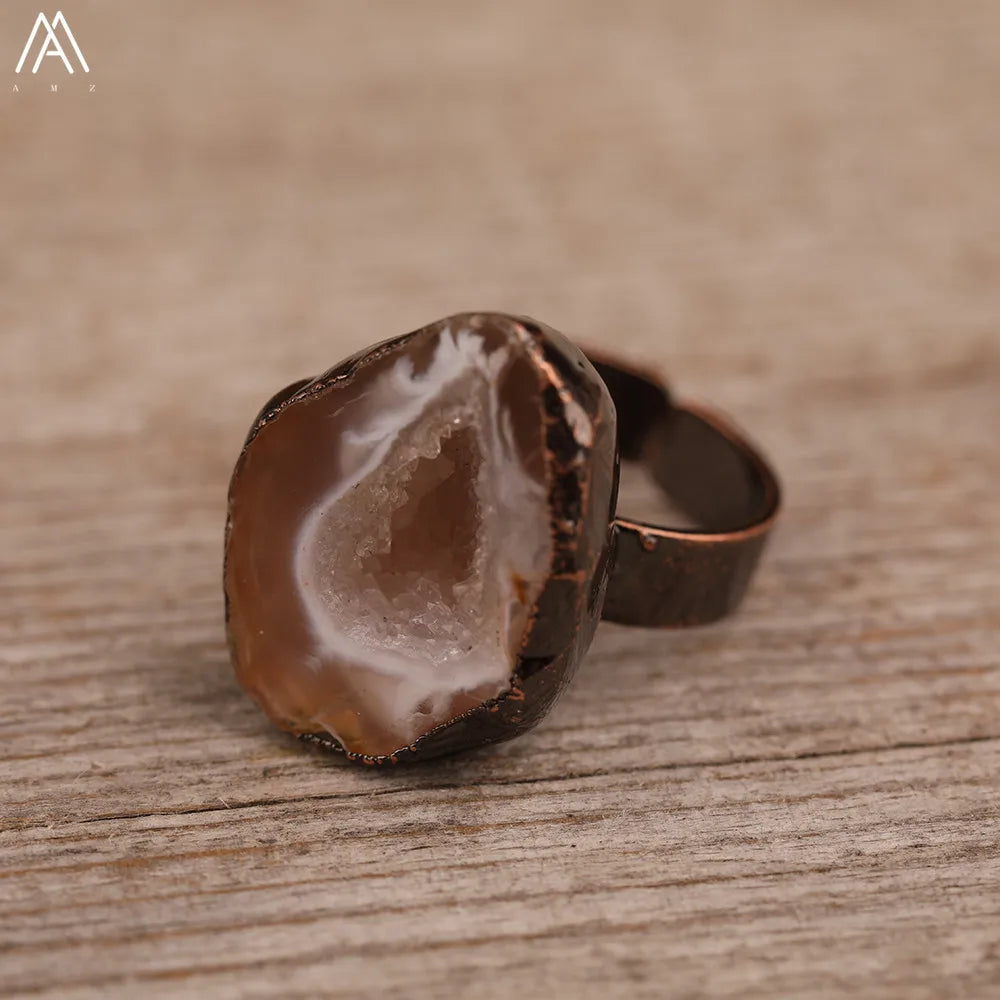 Natural Citrines Amethysts Quartz Beads Bronze Finger Rings For Women Gemstones Double Beads Open Adjustable Rings Dropship