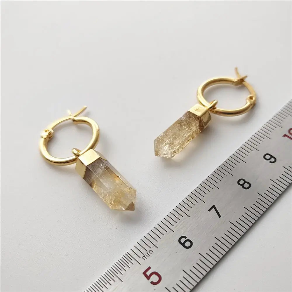 FUWO 1Pairs Natural Citrines Point Earrings,Golden Plated Handmade Faceted Yellow Crystal Jewelry For Women ER130