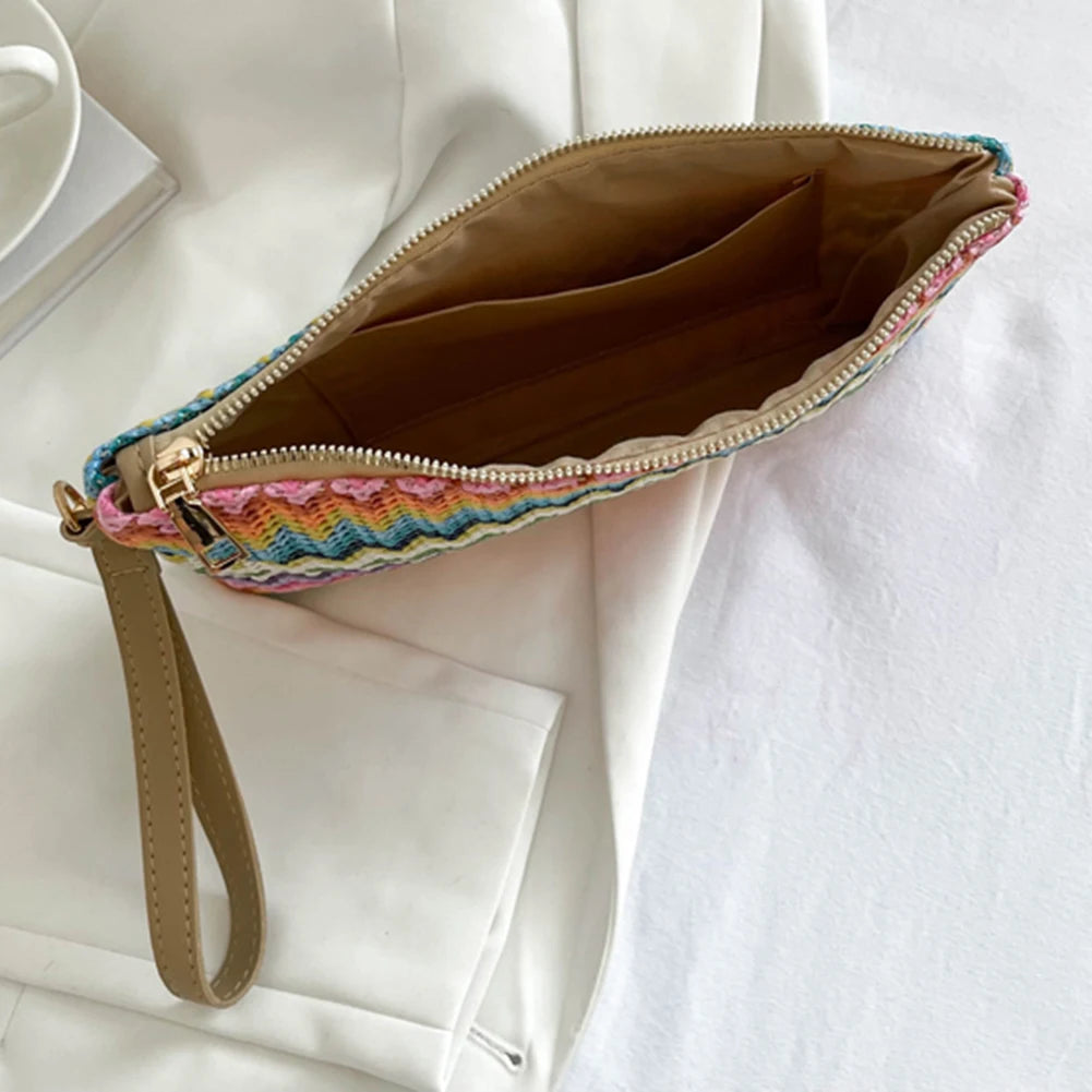 Colorful Wave Straw Woven Bag Women's Flip Clutch Bag Summer Beach Handbag Hand-woven Bag Mobile Phone Bag Female Purse Wallet