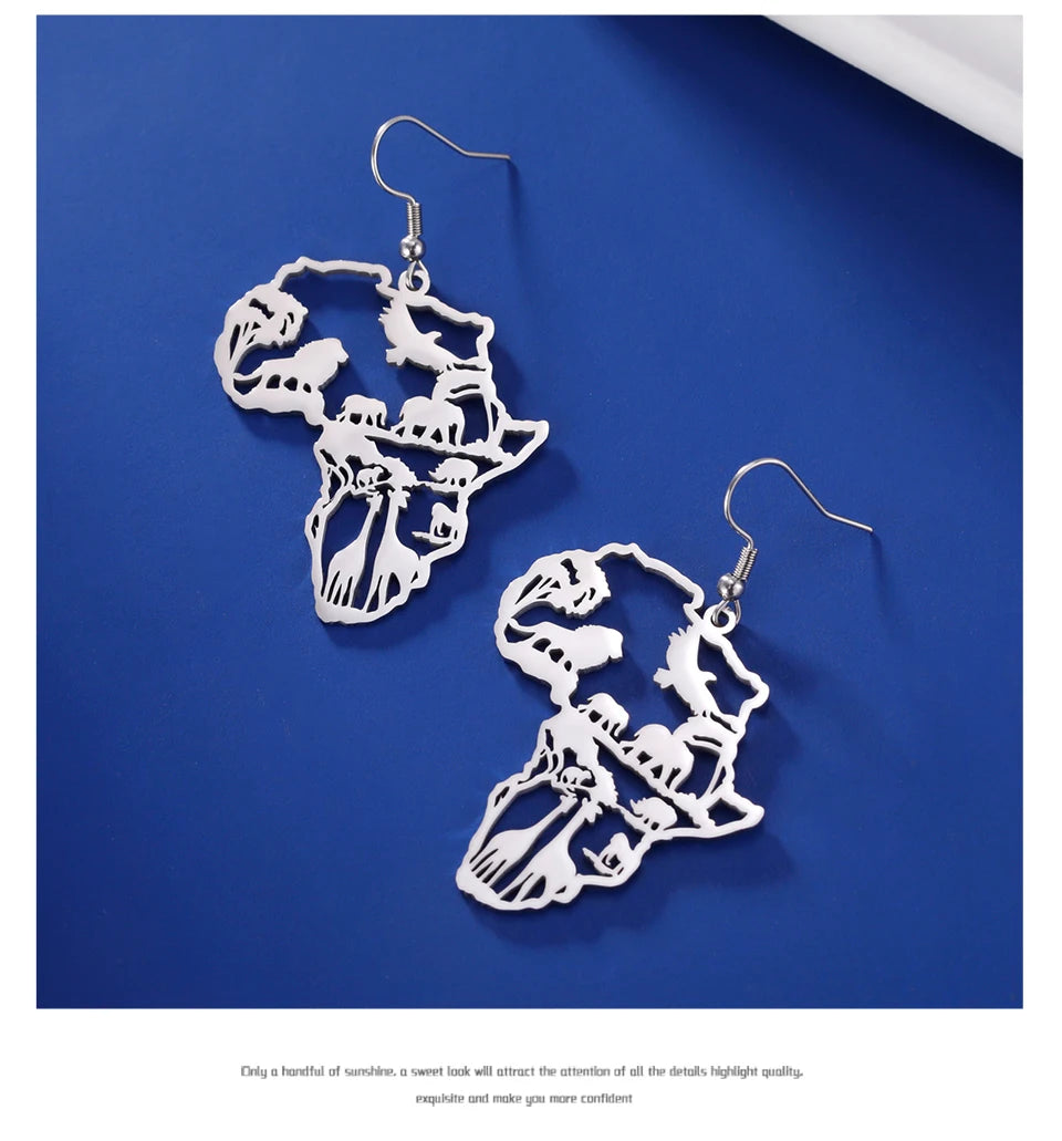 Giraffe Elephant Map Earrings Animal Africa Safari Stainless Steel Women Earrings Trendy Statement Jewelry Party Gift 2025