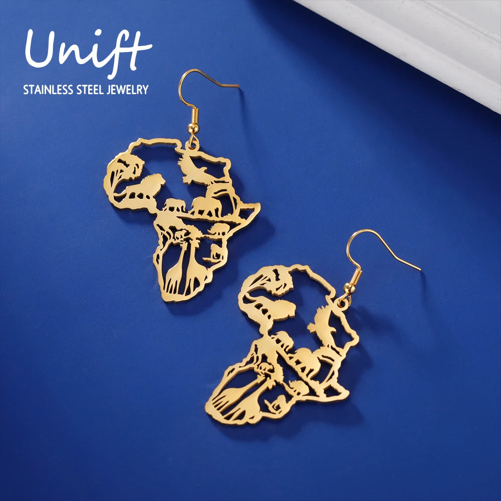 Giraffe Elephant Map Earrings Animal Africa Safari Stainless Steel Women Earrings Trendy Statement Jewelry Party Gift 2025
