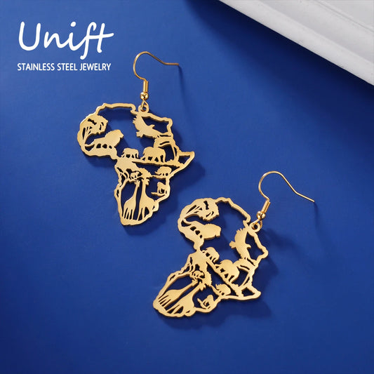 Giraffe Elephant Map Earrings Animal Africa Safari Stainless Steel Women Earrings Trendy Statement Jewelry Party Gift 2025