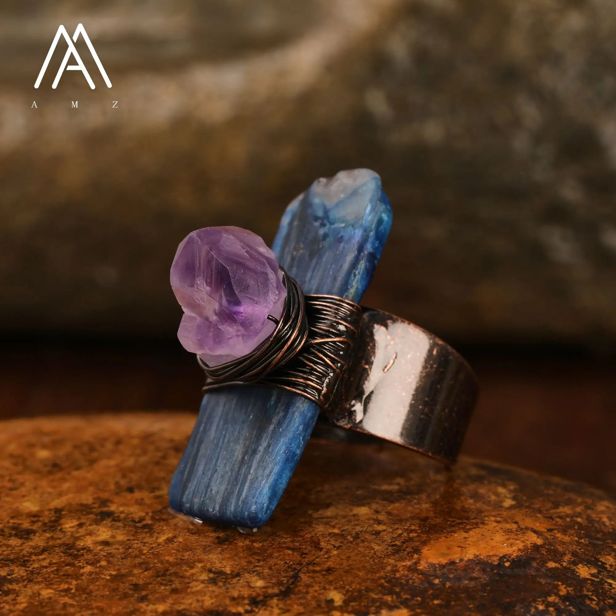 Natural Citrines Amethysts Quartz Beads Bronze Finger Rings For Women Gemstones Double Beads Open Adjustable Rings Dropship