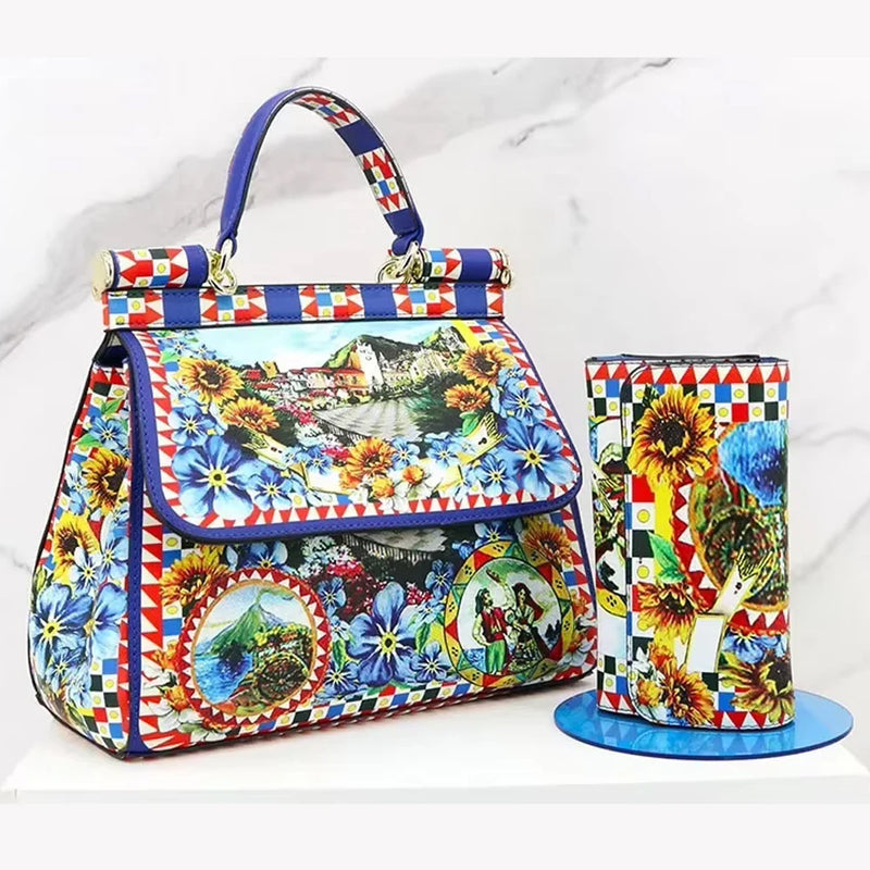 Women Bags Leather vintage painting Art Purse Handbags Girl Shoulder Bag Cross Body Messenger Bag Female Totes Braccialini Style