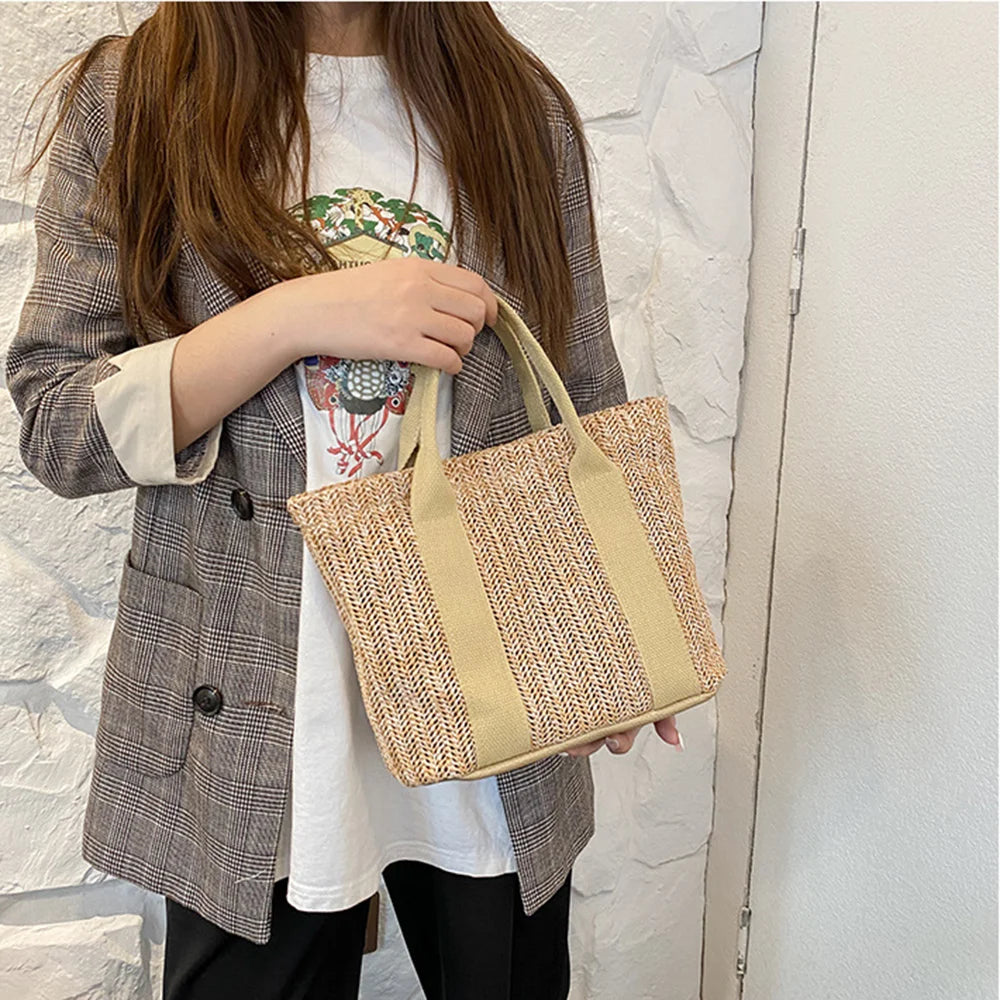Women Casual Rattan Handbags Fashion Summer Beach Straw Bag Wicker Woven Shoulder Bags Large Capacity Tote Travel Bag