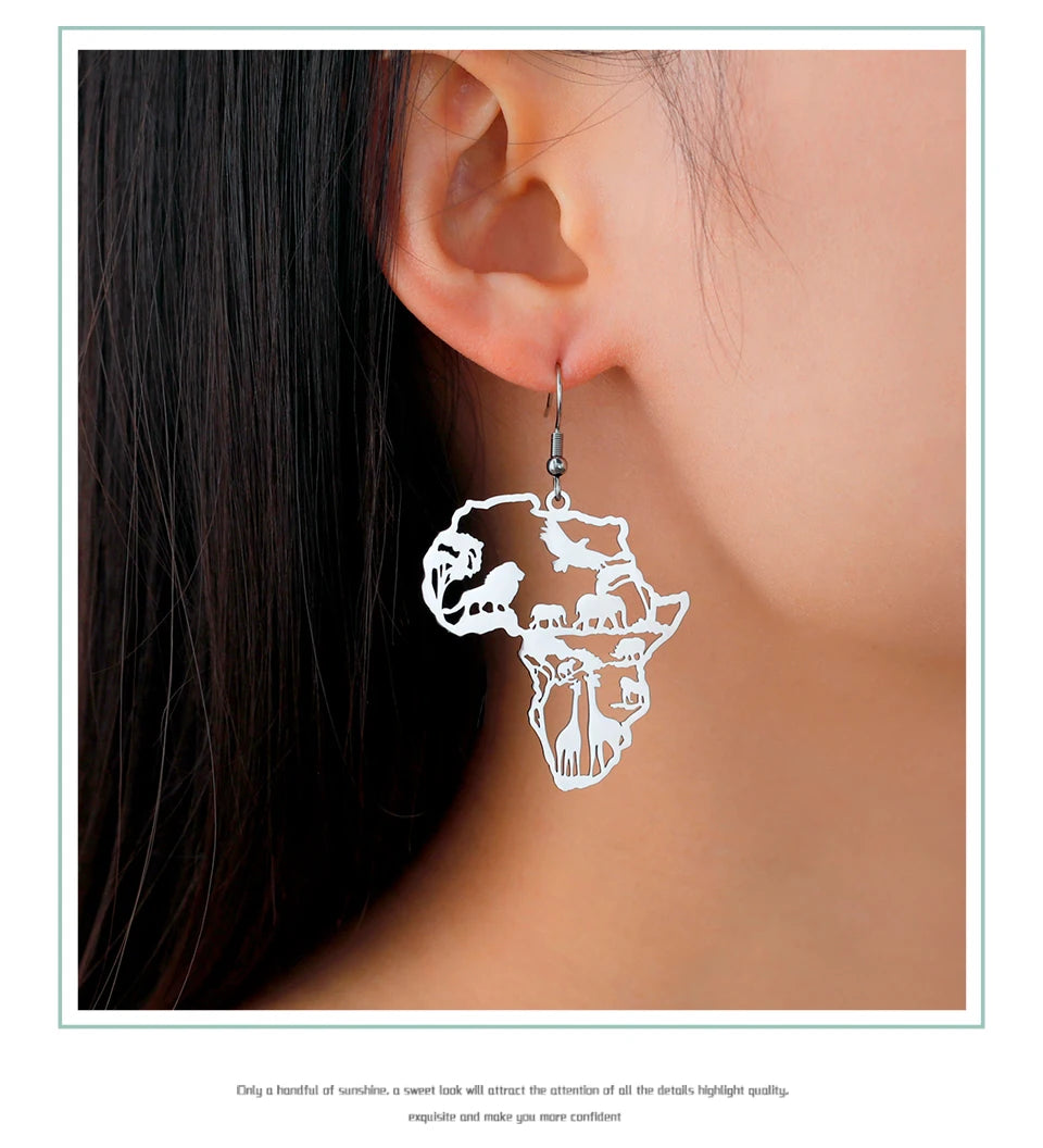 Giraffe Elephant Map Earrings Animal Africa Safari Stainless Steel Women Earrings Trendy Statement Jewelry Party Gift 2025