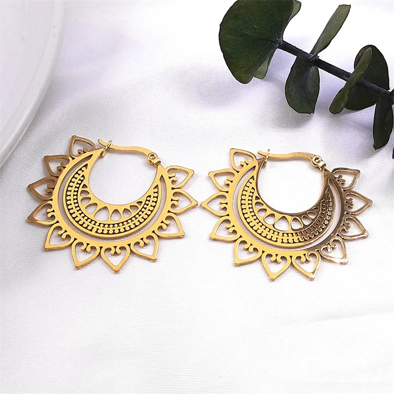 India Gypsy Tribal Ethnic Mandala Stainless Steel Earrings Women Gold Color Lotus Flower Hoop Earrings Jewelry aretes E9354S01