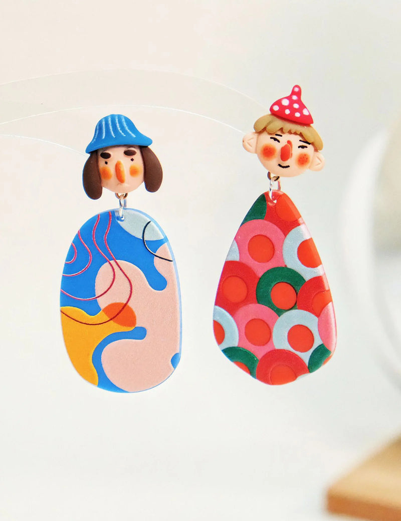 A Pair of Fashionable and Personalized Ethnic Style Indian Dolls With Colorful Polka Dot Cartoon Portraits Asymmetrical Earrings