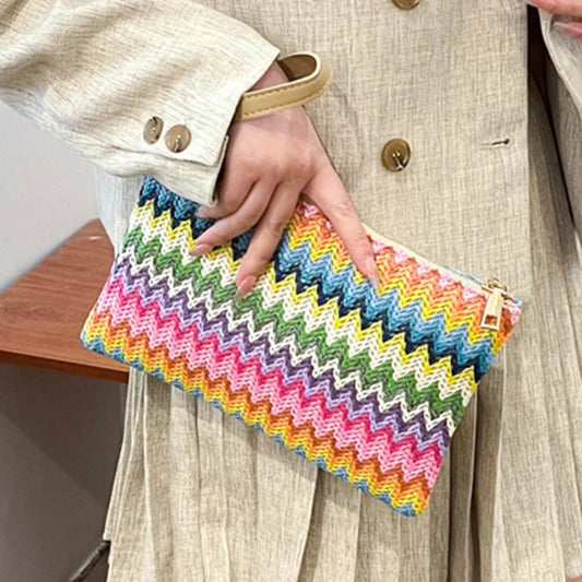 Colorful Wave Straw Woven Bag Women's Flip Clutch Bag Summer Beach Handbag Hand-woven Bag Mobile Phone Bag Female Purse Wallet