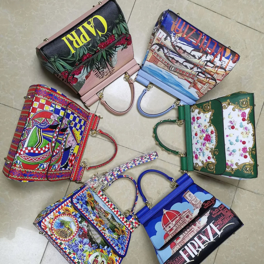 Women Bags Leather vintage painting Art Purse Handbags Girl Shoulder Bag Cross Body Messenger Bag Female Totes Braccialini Style