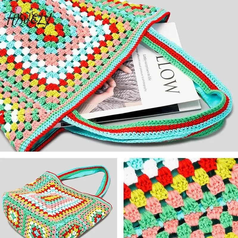 Bohemian Crochet Women Shoulder Beach Bags Knitting Large Capacity Tote Bag Casual Lady Handbags Big Shopper Purses Summer Beach Bags