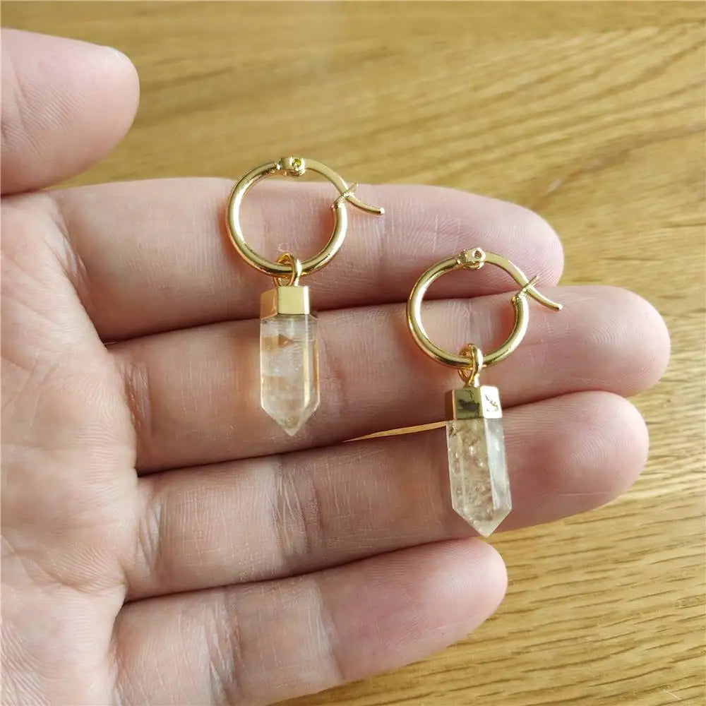 FUWO 1Pairs Natural Citrines Point Earrings,Golden Plated Handmade Faceted Yellow Crystal Jewelry For Women ER130