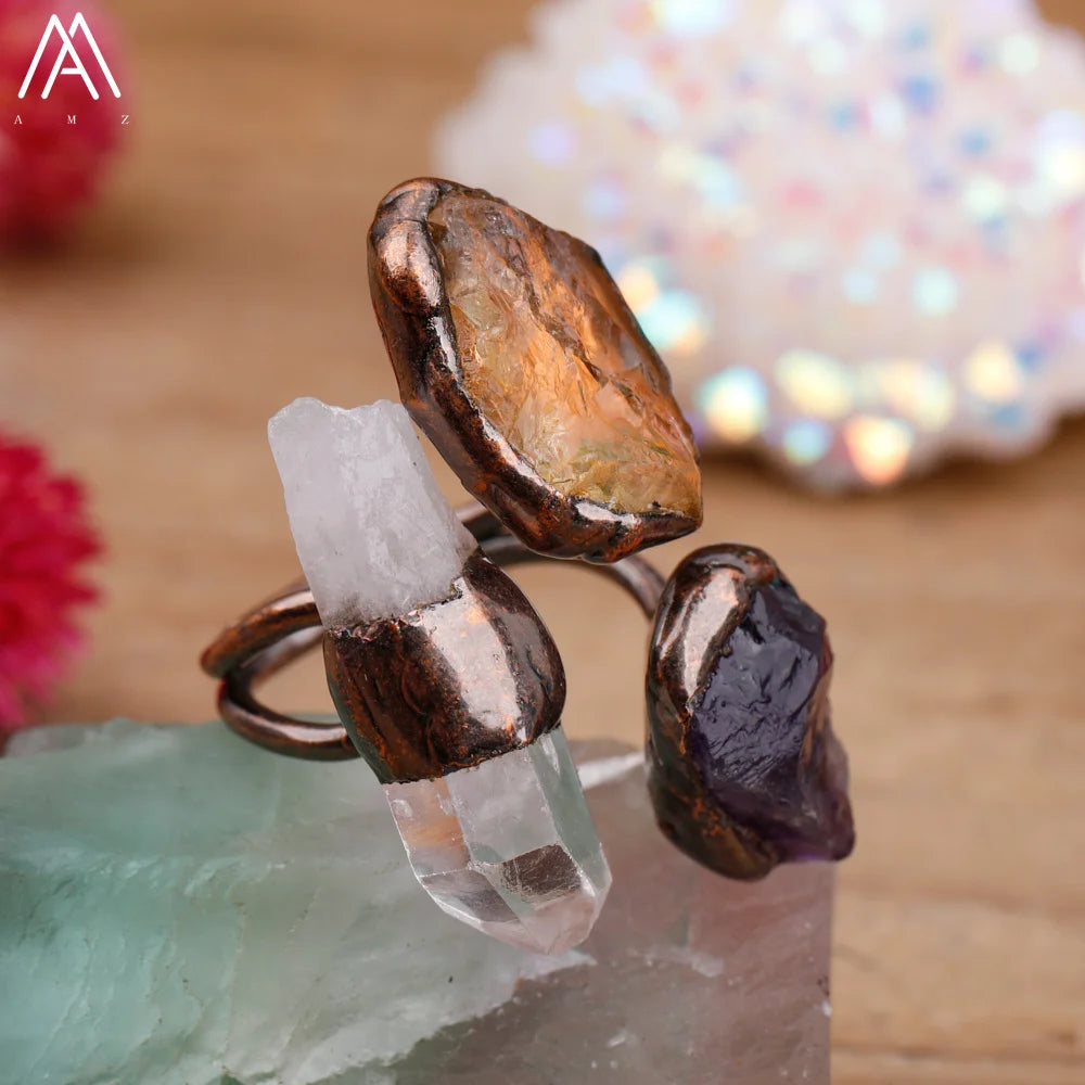 Natural Citrines Amethysts Quartz Beads Bronze Finger Rings For Women Gemstones Double Beads Open Adjustable Rings Dropship