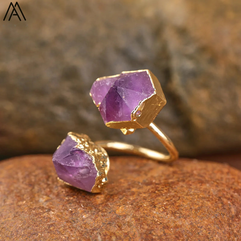 Natural Citrines Amethysts Quartz Beads Bronze Finger Rings For Women Gemstones Double Beads Open Adjustable Rings Dropship