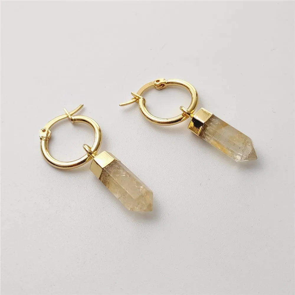 FUWO 1Pairs Natural Citrines Point Earrings,Golden Plated Handmade Faceted Yellow Crystal Jewelry For Women ER130