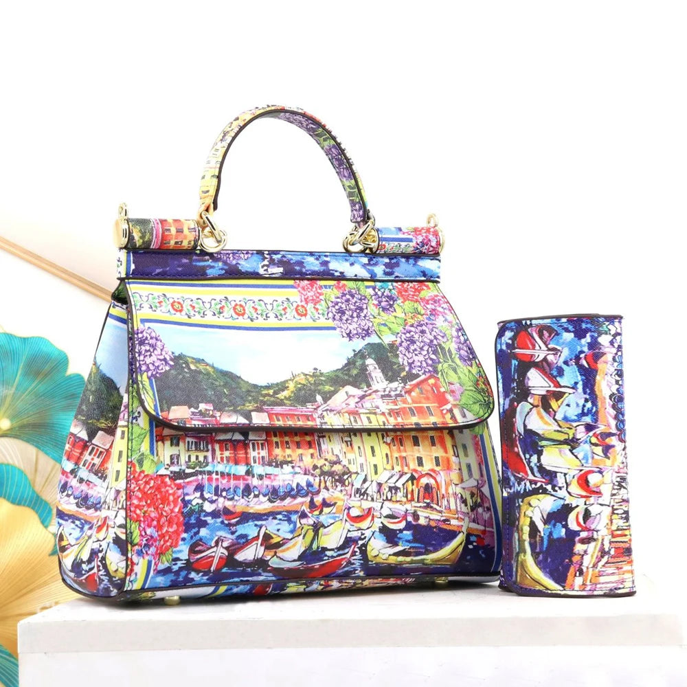 Women Bags Leather vintage painting Art Purse Handbags Girl Shoulder Bag Cross Body Messenger Bag Female Totes Braccialini Style