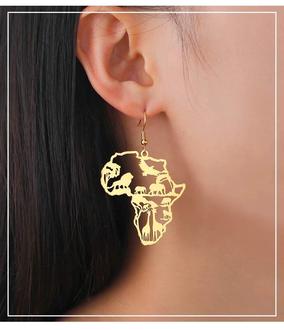 Giraffe Elephant Map Earrings Animal Africa Safari Stainless Steel Women Earrings Trendy Statement Jewelry Party Gift 2025