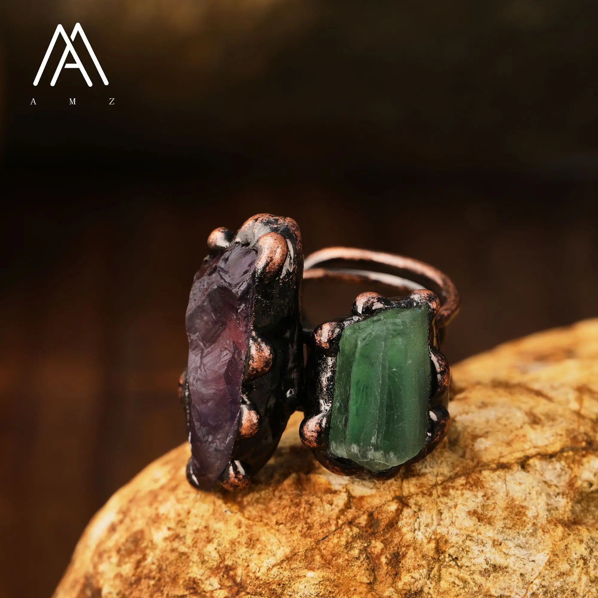 Natural Citrines Amethysts Quartz Beads Bronze Finger Rings For Women Gemstones Double Beads Open Adjustable Rings Dropship