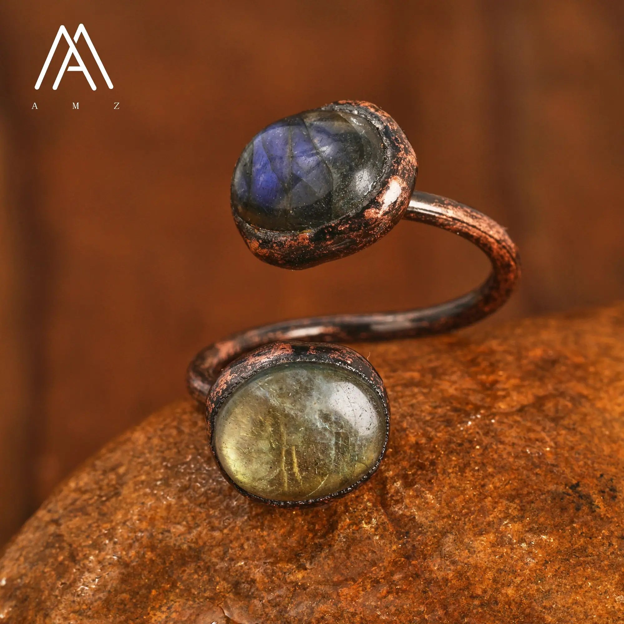 Natural Citrines Amethysts Quartz Beads Bronze Finger Rings For Women Gemstones Double Beads Open Adjustable Rings Dropship