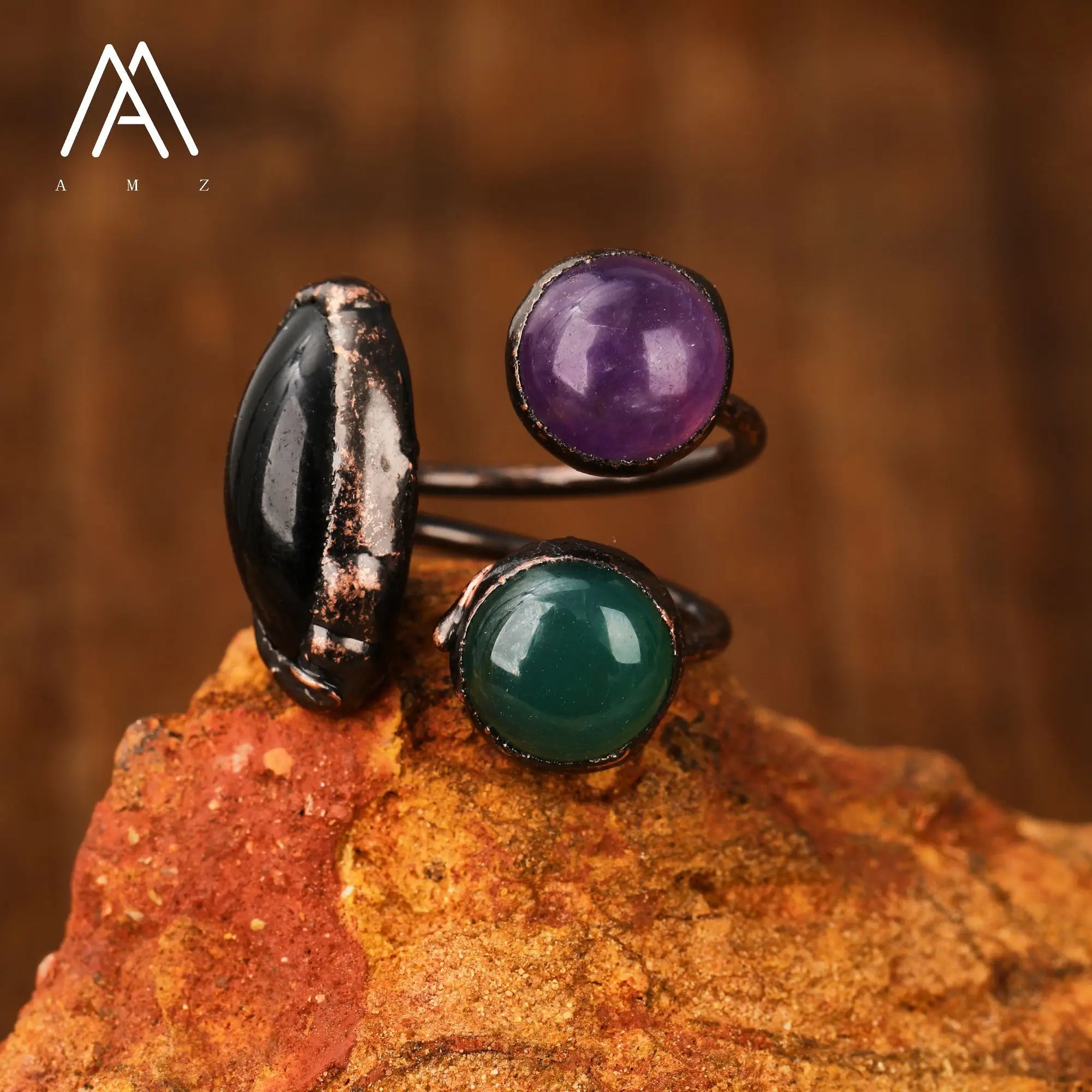 Natural Citrines Amethysts Quartz Beads Bronze Finger Rings For Women Gemstones Double Beads Open Adjustable Rings Dropship