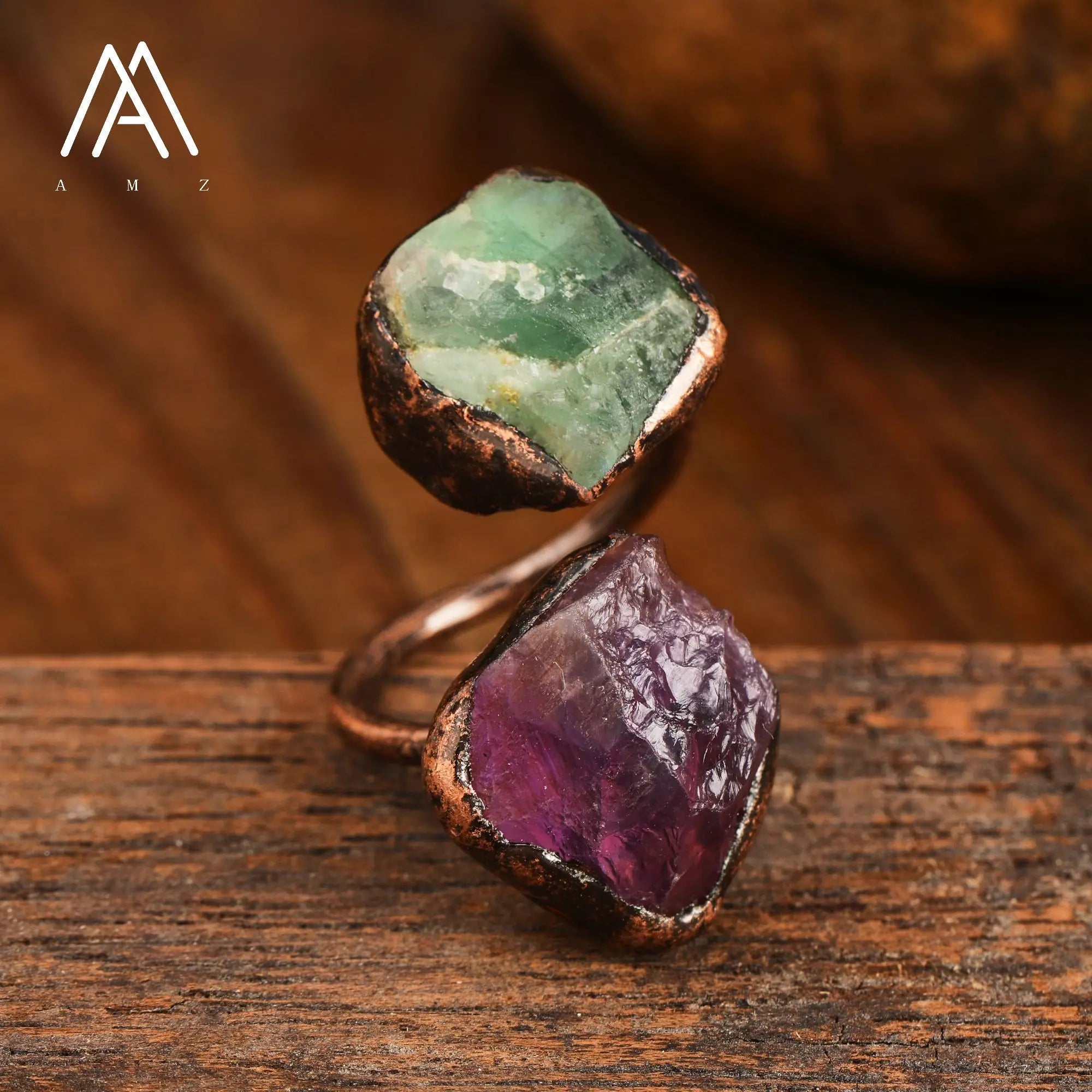 Natural Citrines Amethysts Quartz Beads Bronze Finger Rings For Women Gemstones Double Beads Open Adjustable Rings Dropship