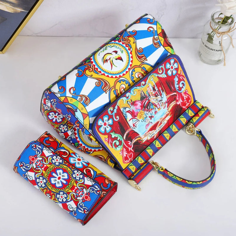 Women Bags Leather vintage painting Art Purse Handbags Girl Shoulder Bag Cross Body Messenger Bag Female Totes Braccialini Style