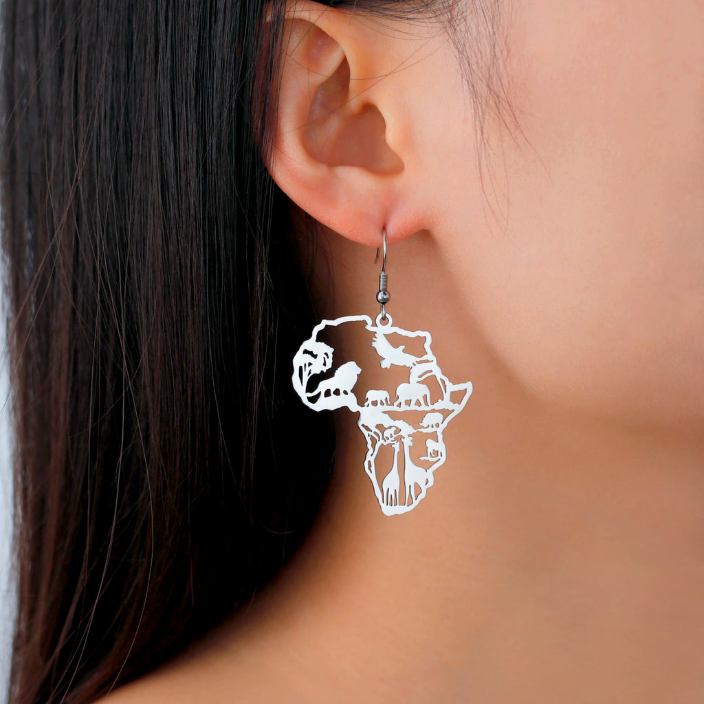 Giraffe Elephant Map Earrings Animal Africa Safari Stainless Steel Women Earrings Trendy Statement Jewelry Party Gift 2025