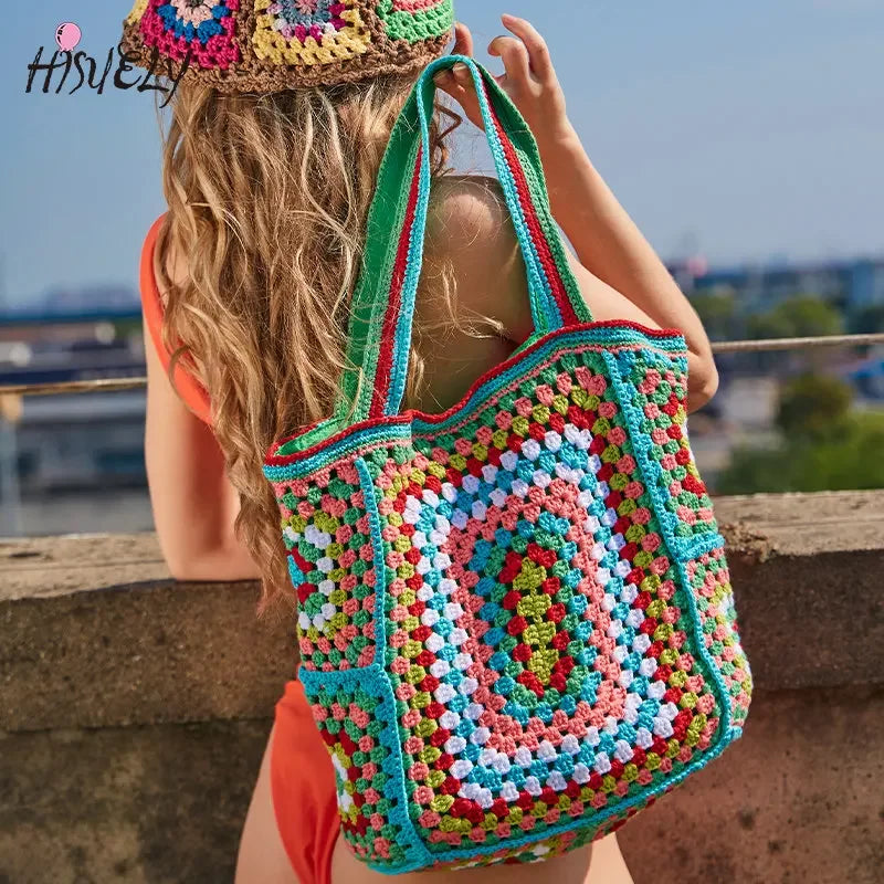 Bohemian Crochet Women Shoulder Beach Bags Knitting Large Capacity Tote Bag Casual Lady Handbags Big Shopper Purses Summer Beach Bags