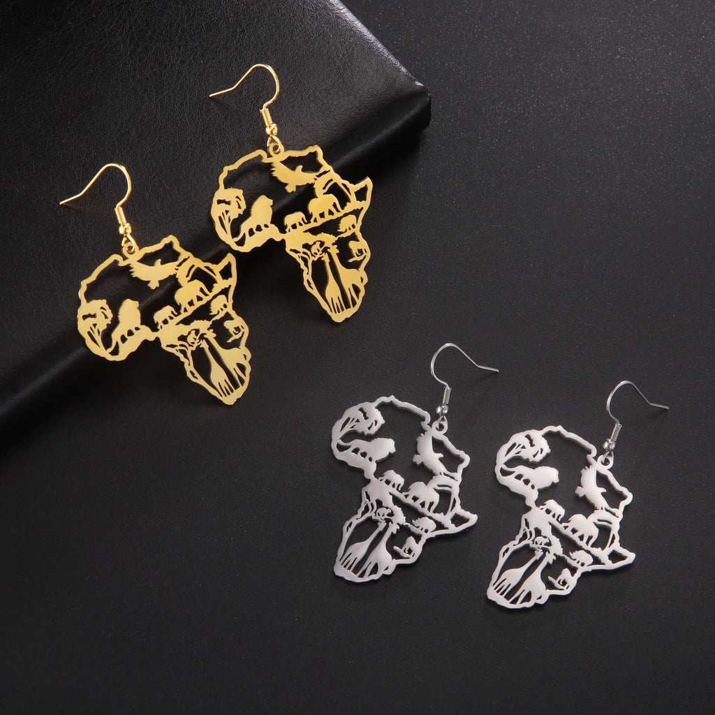Giraffe Elephant Map Earrings Animal Africa Safari Stainless Steel Women Earrings Trendy Statement Jewelry Party Gift 2025