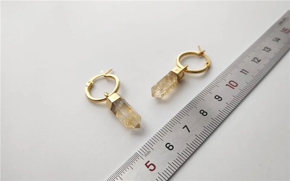 FUWO 1Pairs Natural Citrines Point Earrings,Golden Plated Handmade Faceted Yellow Crystal Jewelry For Women ER130