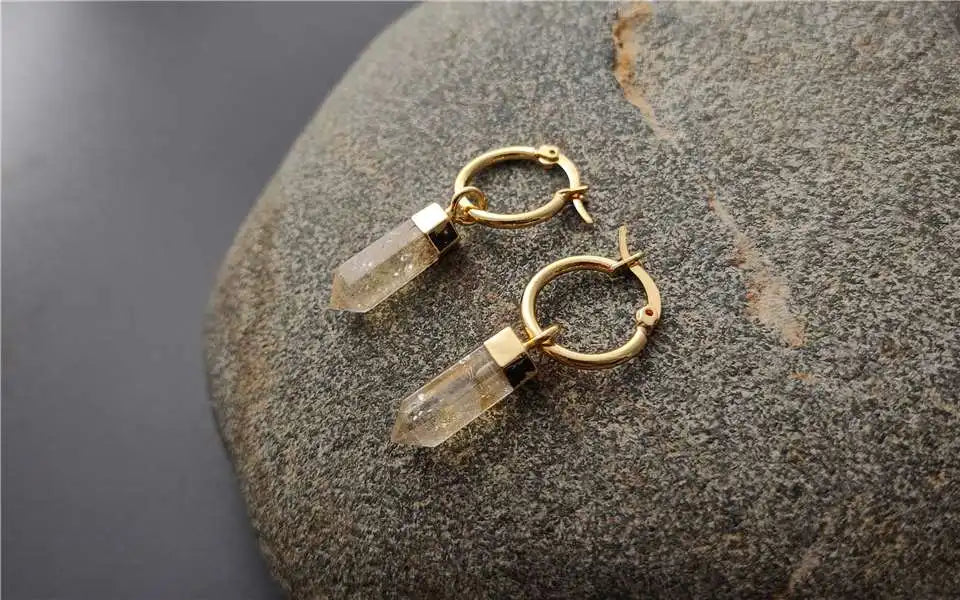 FUWO 1Pairs Natural Citrines Point Earrings,Golden Plated Handmade Faceted Yellow Crystal Jewelry For Women ER130