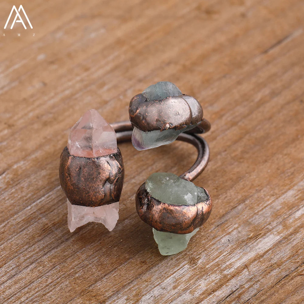 Natural Citrines Amethysts Quartz Beads Bronze Finger Rings For Women Gemstones Double Beads Open Adjustable Rings Dropship