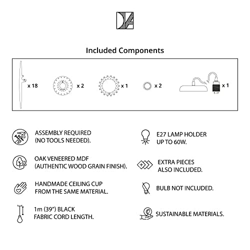 DEZAART Scandinavian Wood Pendant Light (8” Ø) – Oak COLORED MDF Light Shade / 1 Meter Cord Length / E27 Bulb – Modern Wood Chandelier – Statement Lighting for Home & Office